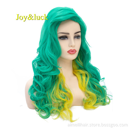 Long Natural Wavy Synthetic Wigs for Women Green Mixed Yellow Color Body Wave Cosplay Wigs Costume Hair Style